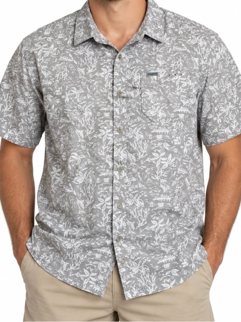 Columbia PFG Men’s Large Gray Tropical Print Fishing Shirt Button Up